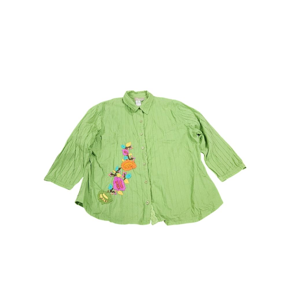 The Territory Ahead Green Embroidered Cotton Button Shirt L Boho Floral